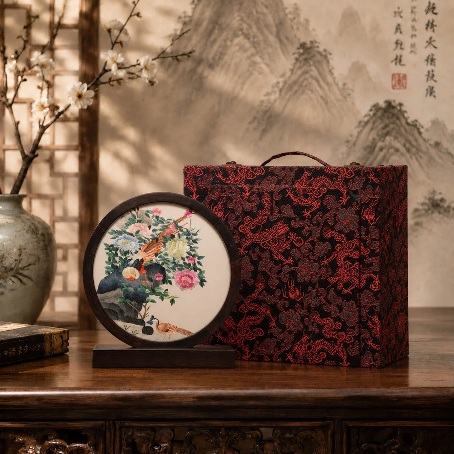 Pheasant and Peony Round Frame Suzhou Embroidery Ornament