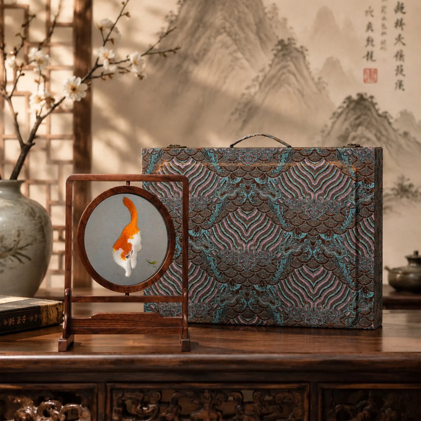 Cat Two-Tone Feline Art on Hardwood Stand Suzhou Embroidery
