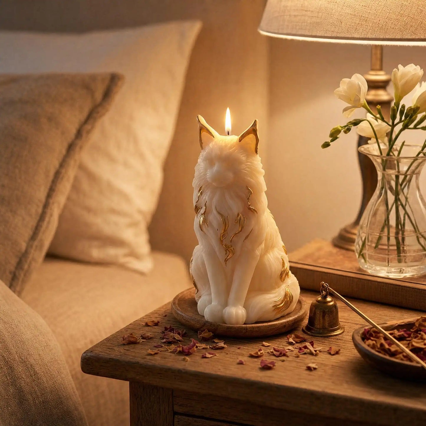 Decorative cat-shaped candle on a wooden table with a lamp and flowers in the background.