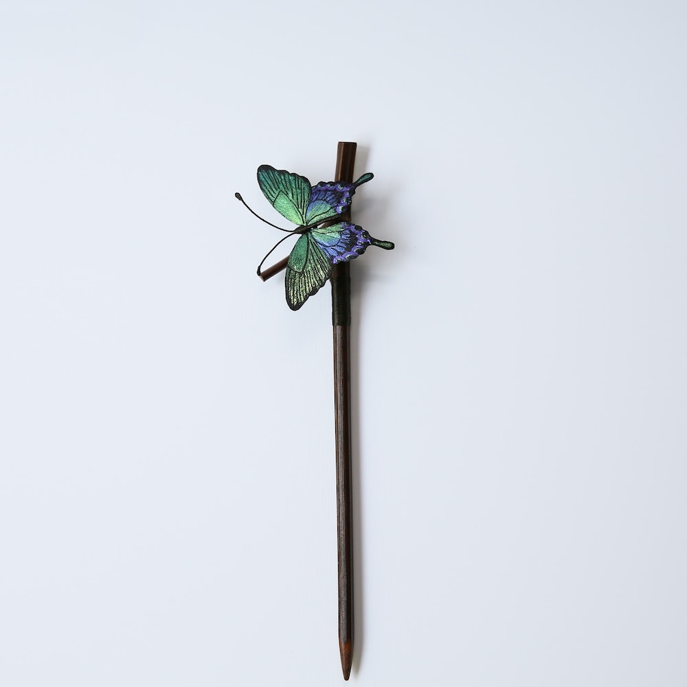 Natural bamboo hair stick with purple and green silk butterfly ornament