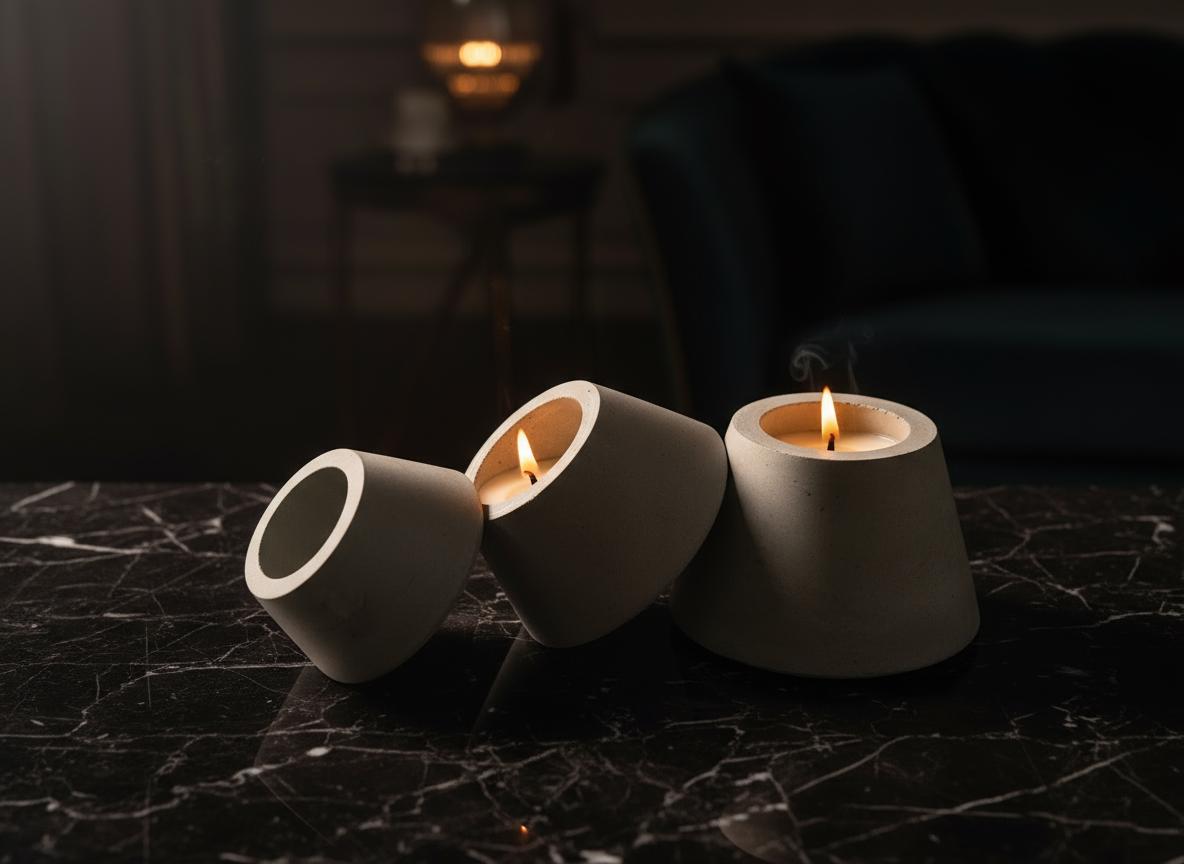 Three modern tealight holders with candles on a dark marble surface.