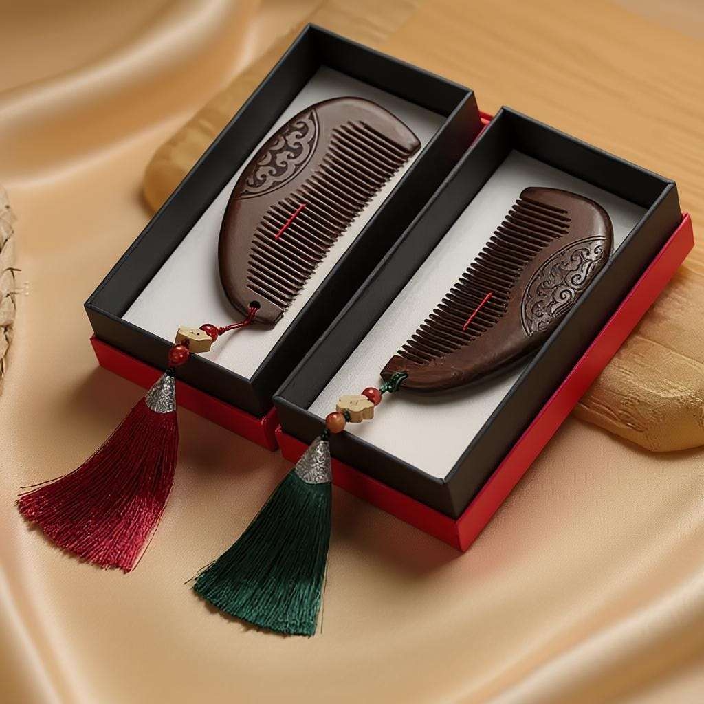 Two decorative combs in a black and red box with tassels on a beige fabric background
