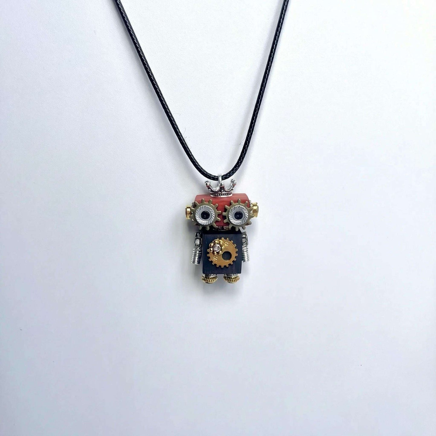 Handmade Steampunk Robot Necklace, Wood & Recycled Metal Pendant