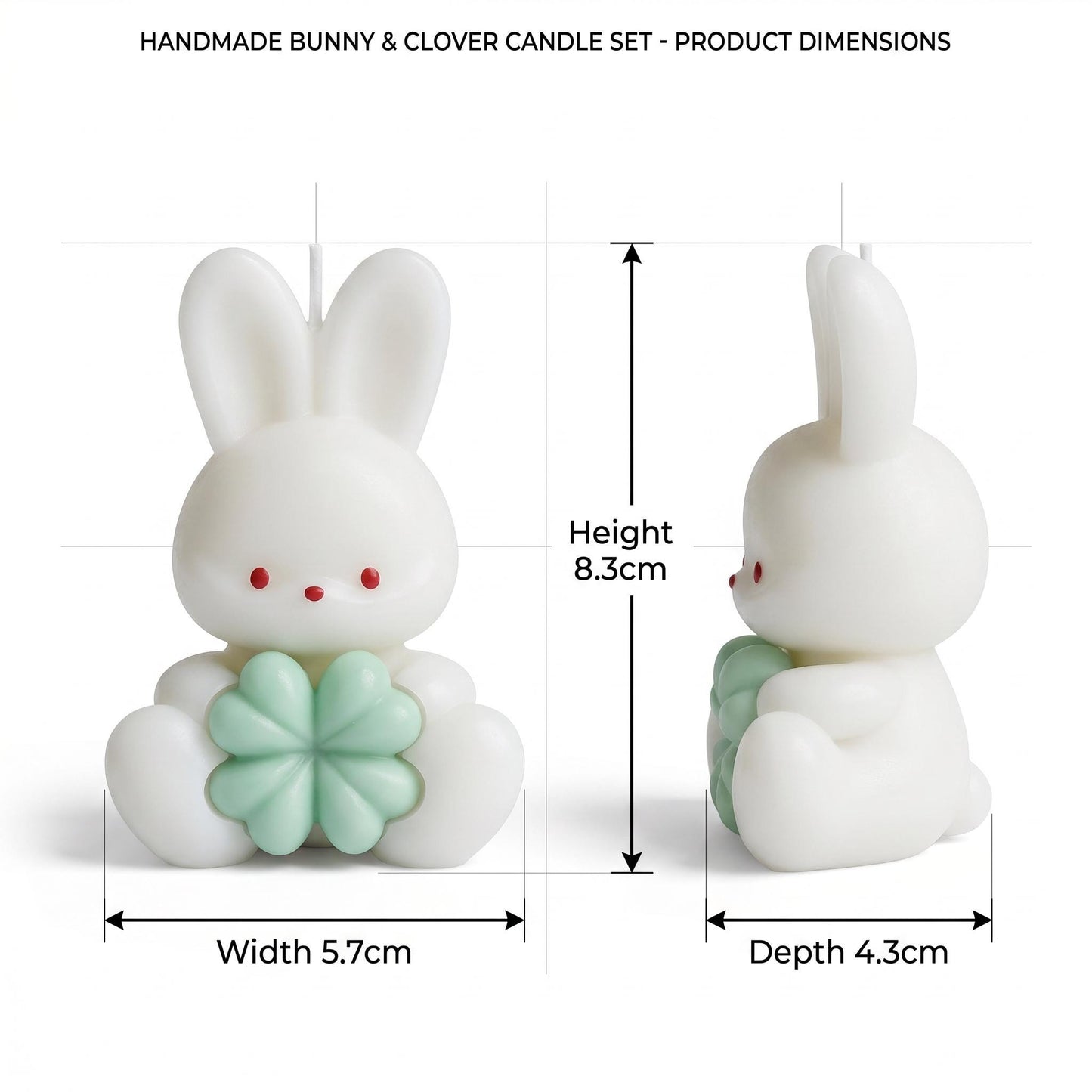 Handmade bunny and clover candle set with dimensions on a white background