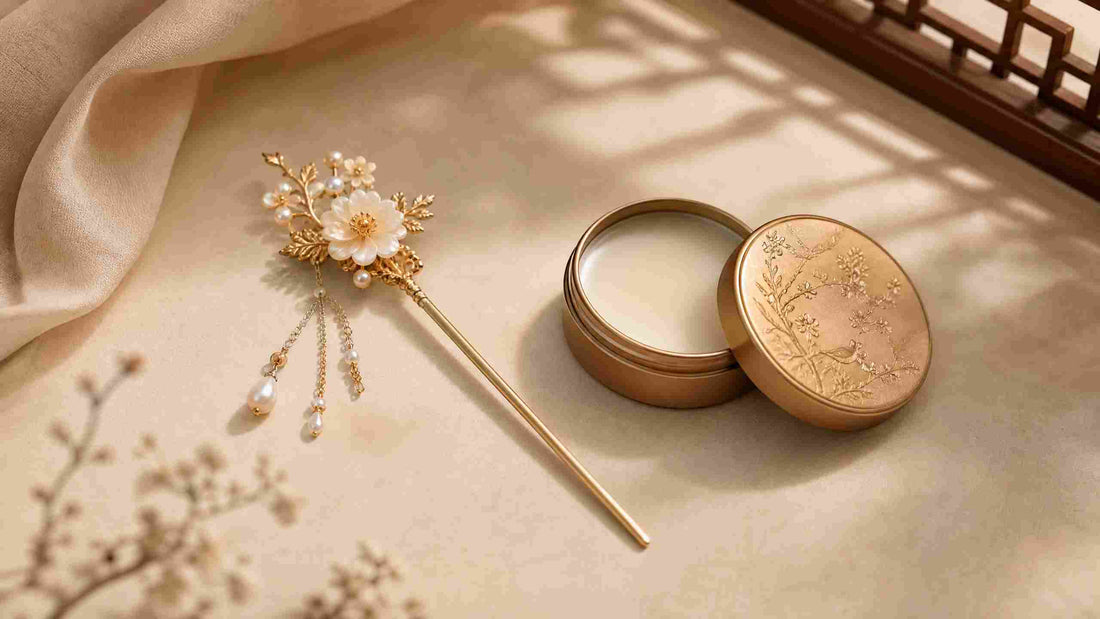 Luxurious Ronghua velvet flowers and artisanal solid perfume balms for Hanfu hair accessories care and styling