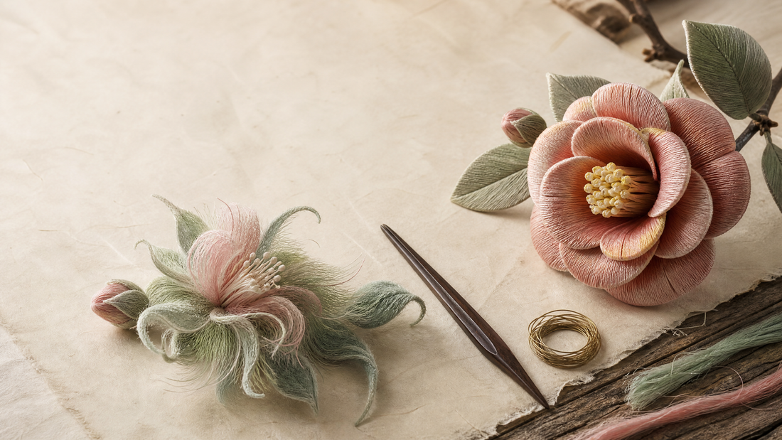 Ronghua and Chan Hua silk flower hair accessories on handmade paper with fine wire and a dark wooden hairpin