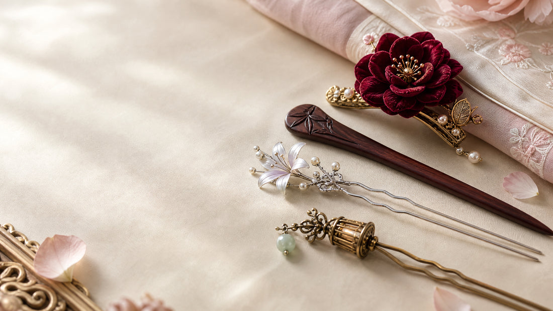 Burgundy Hanfu hairpin, sandalwood hair stick and silk flower clip arranged for a Chinese heritage styling guide