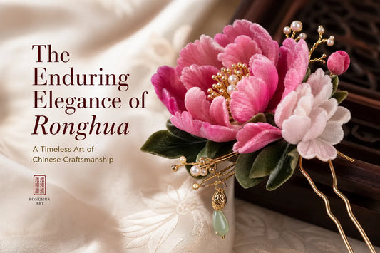 Exquisite pink Ronghua velvet flower hairpins showing intricate mulberry silk craftsmanship for Hanfu styling