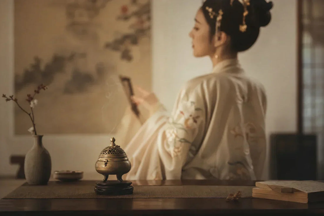 Authentic Hanfu heritage and traditional Chinese incense ritual featuring a vintage censer and elegant silk attire – Scent of Time.