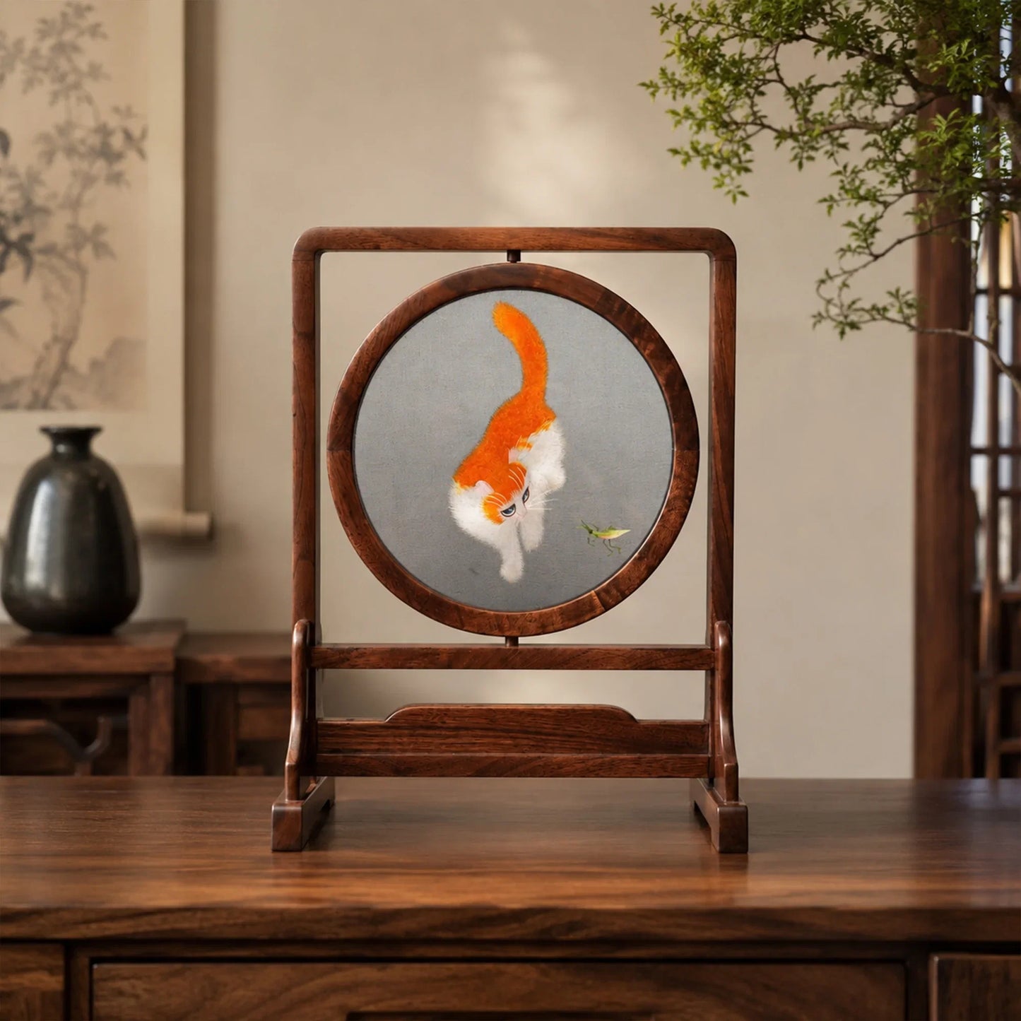 Cat Two-Tone Feline Art on Hardwood Stand Suzhou Embroidery