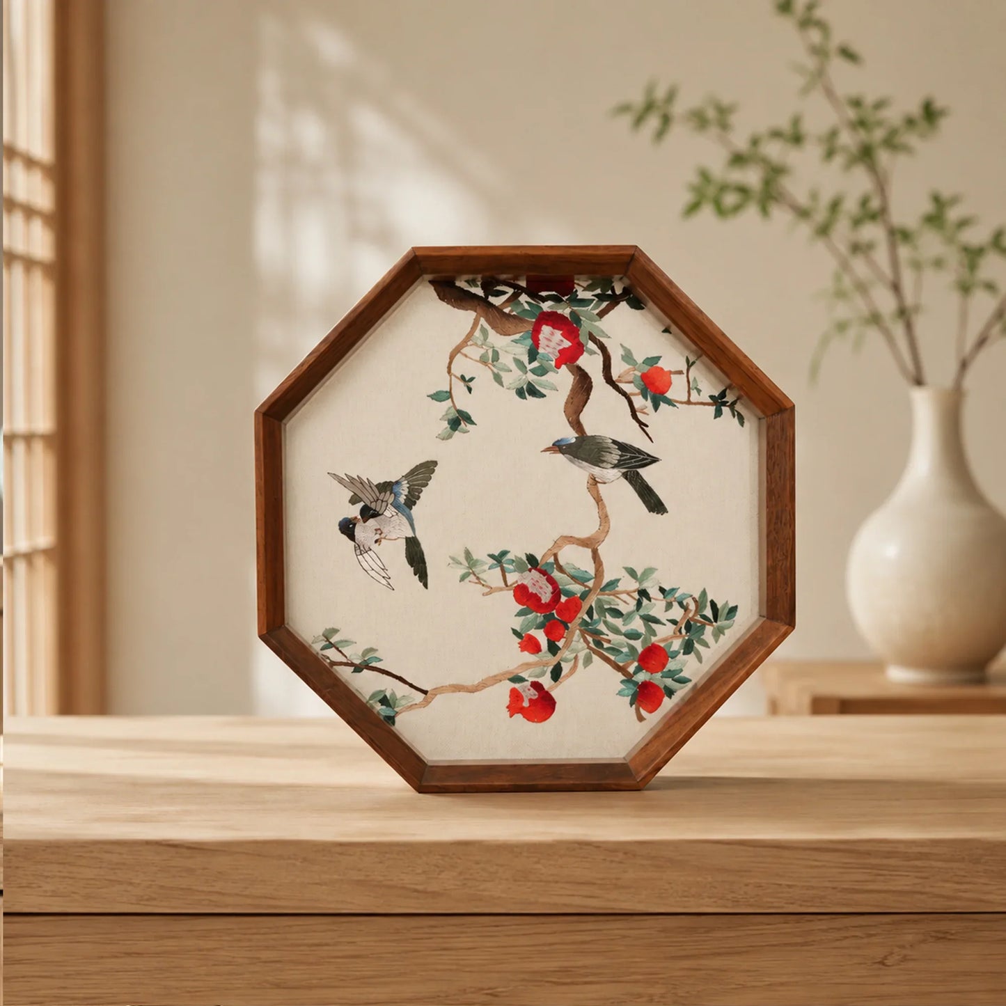 Birds and Pomegranate Octagonal Frame Suzhou Embroidery