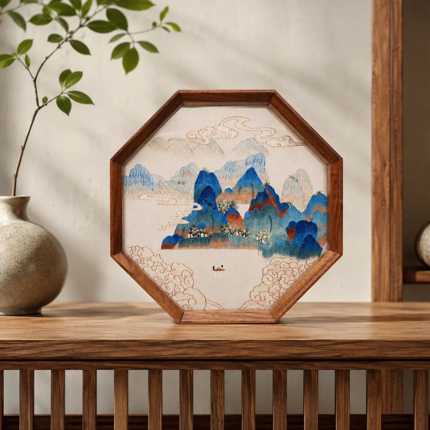 Blue Green Landscape Octagonal Frame Suzhou Embroidery