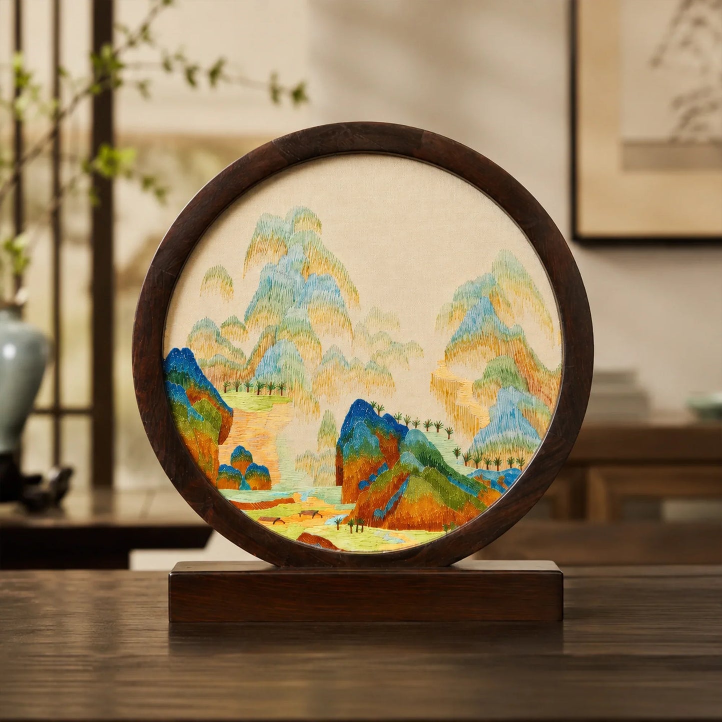 Blue Green Landscape Round Frame Suzhou Embroidery Ornament