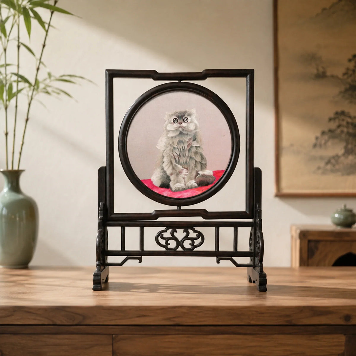 Grey Persian Cat Rectangular Screen Suzhou Embroidery