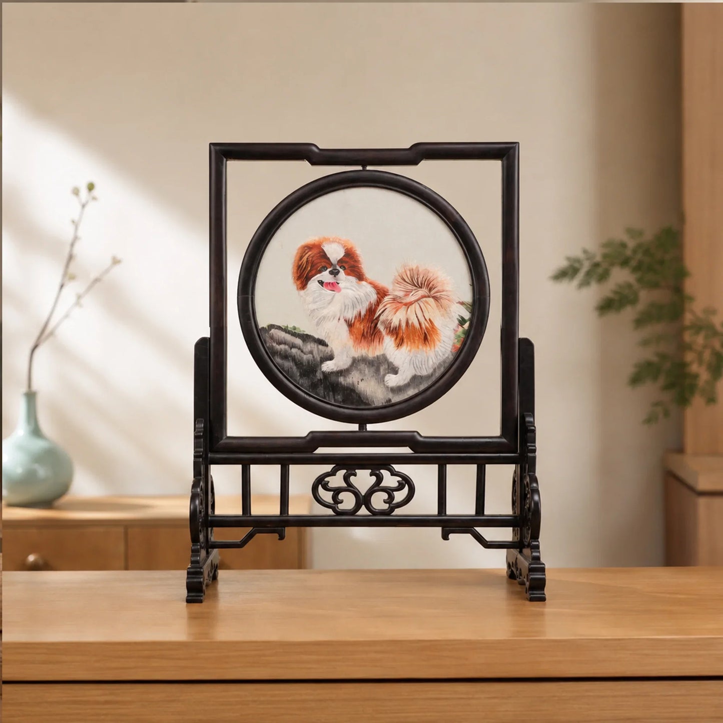 Pekingese Dogs Rectangular Screen Suzhou Embroidery Ornament