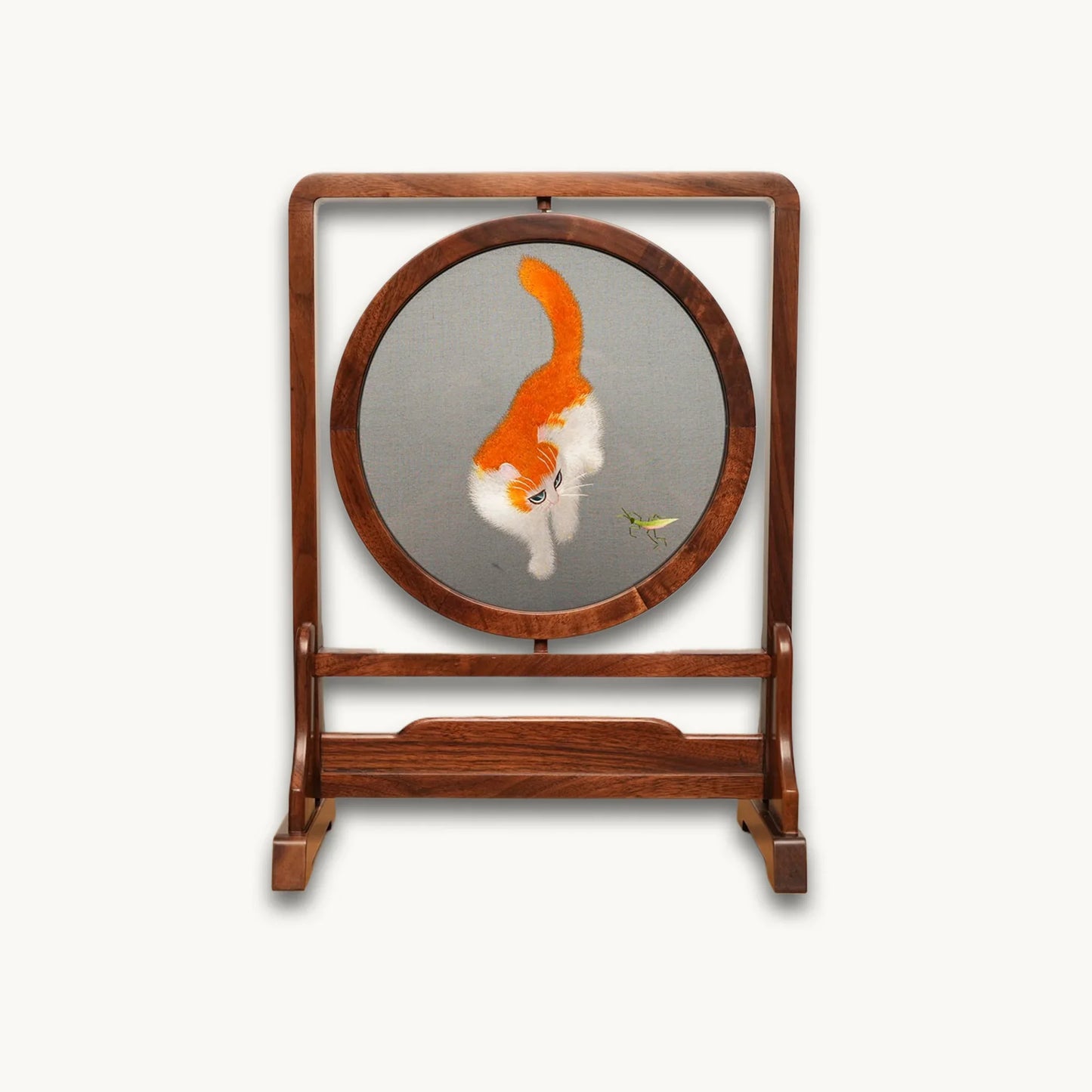 Cat Two-Tone Feline Art on Hardwood Stand Suzhou Embroidery