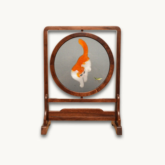 Cat Two-Tone Feline Art on Hardwood Stand Suzhou Embroidery