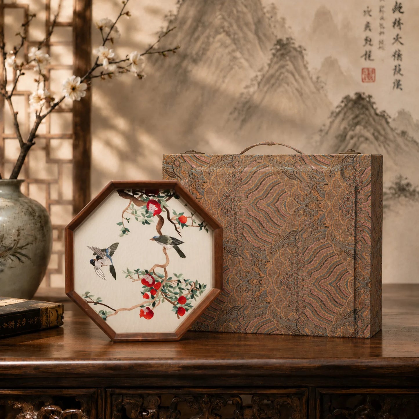 Birds and Pomegranate Octagonal Frame Suzhou Embroidery