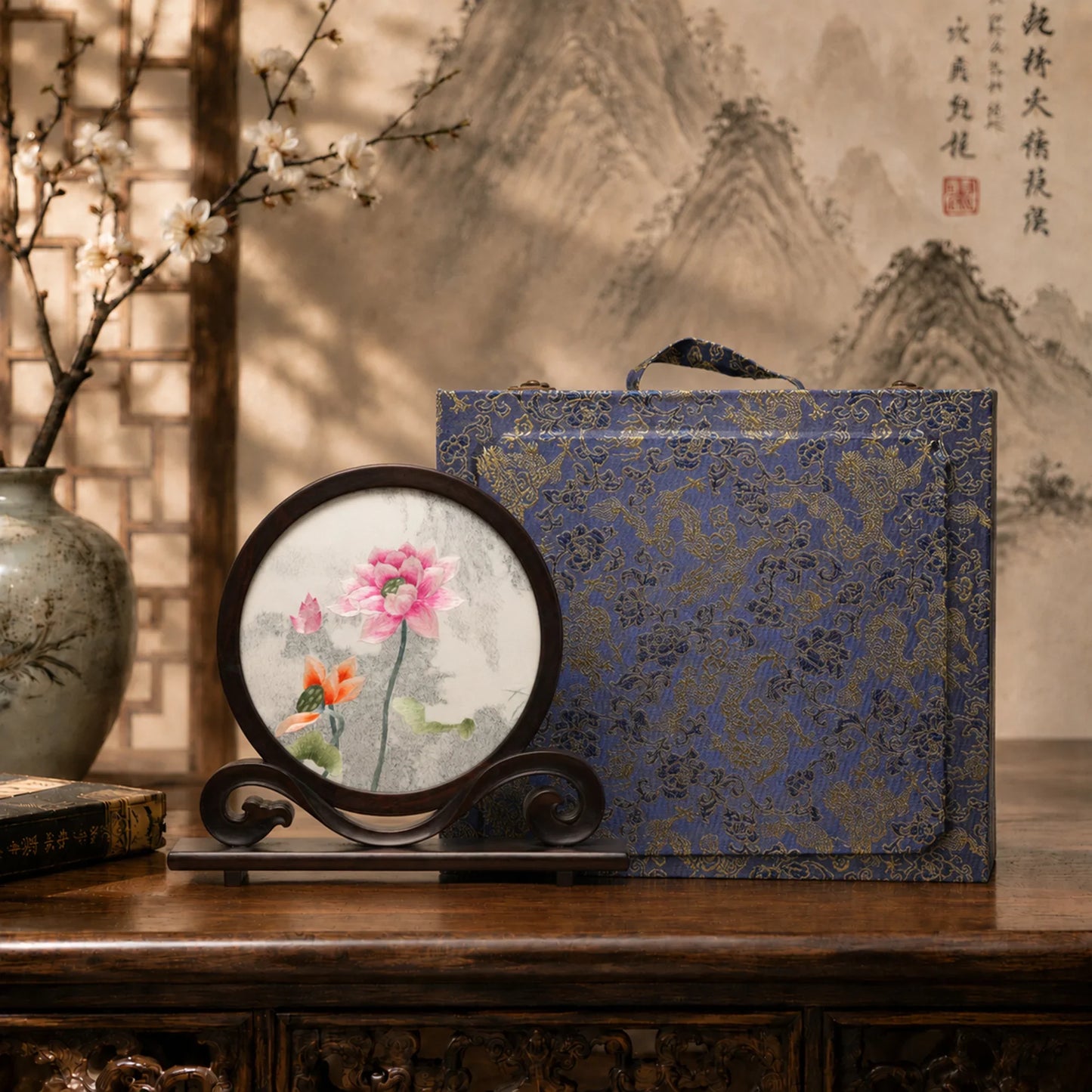 Lotus Blossom Round Frame Suzhou Embroidery Ornament