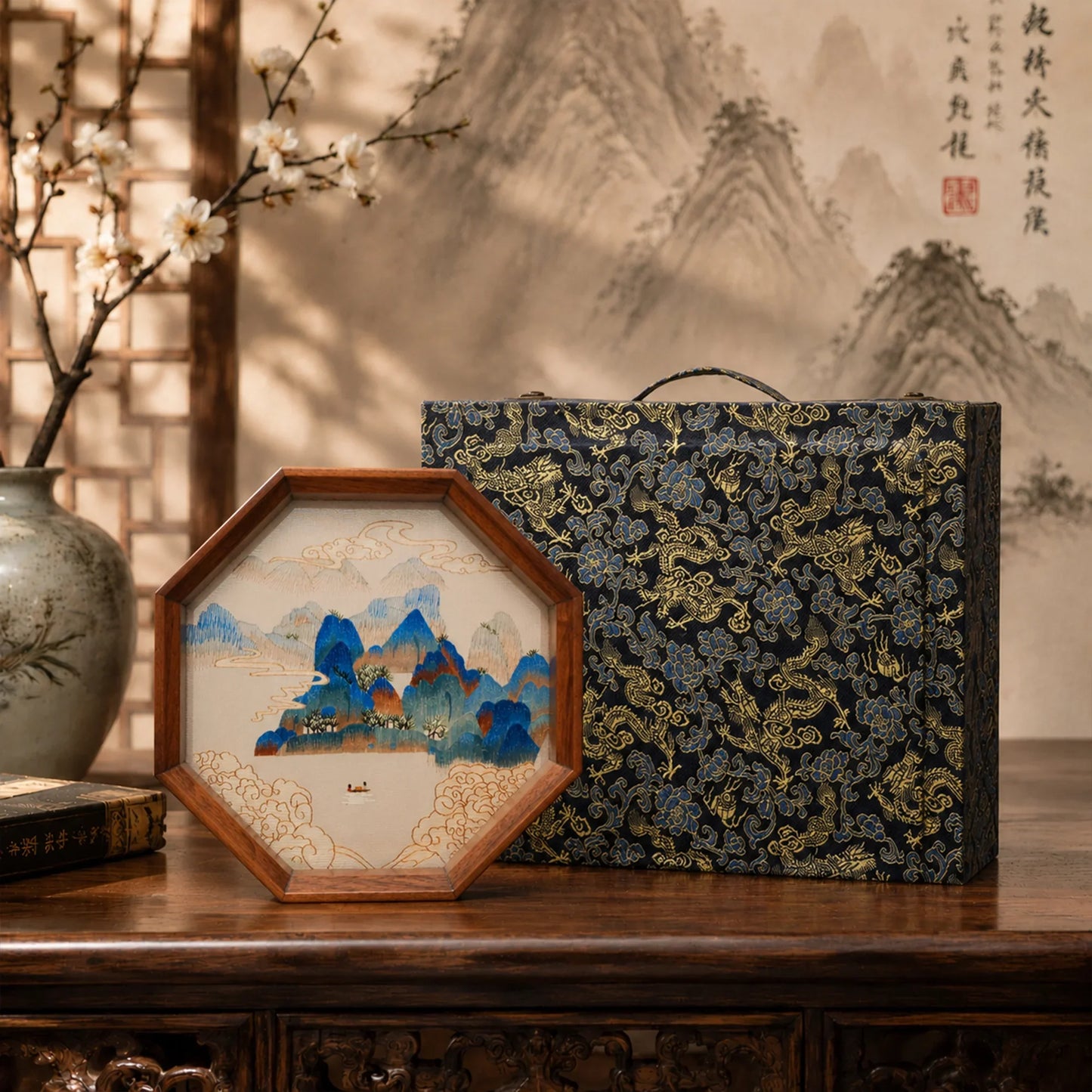Blue Green Landscape Octagonal Frame Suzhou Embroidery