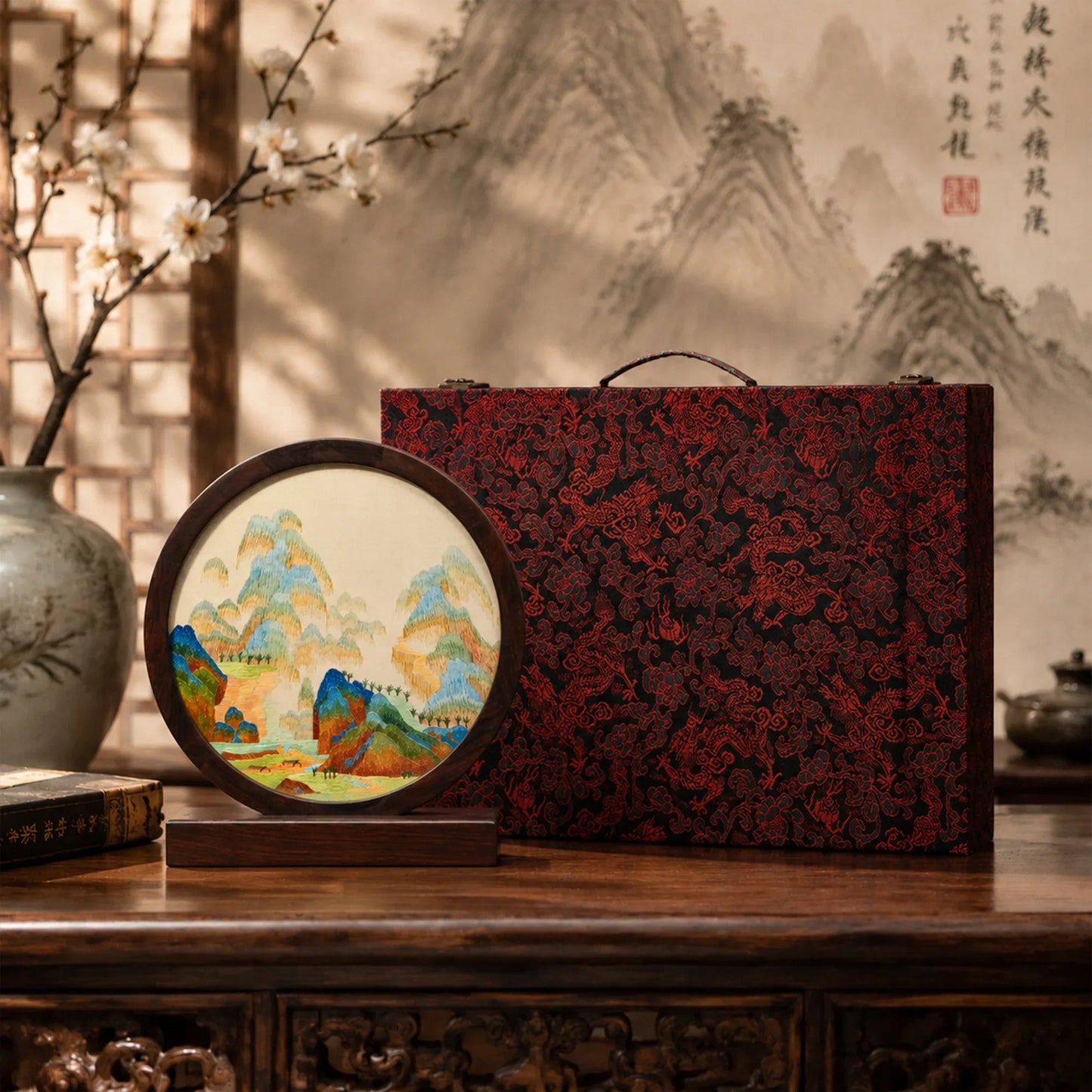 Blue Green Landscape Round Frame Suzhou Embroidery Ornament