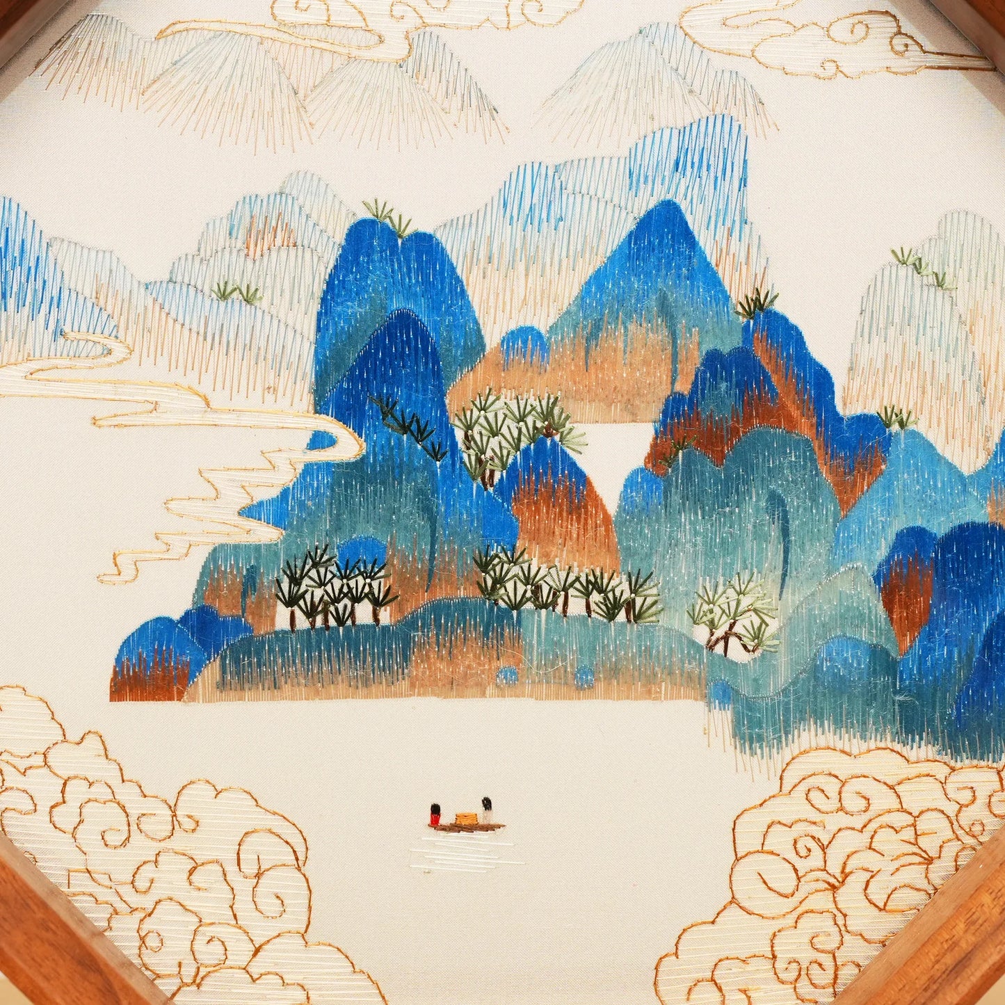 Blue Green Landscape Octagonal Frame Suzhou Embroidery