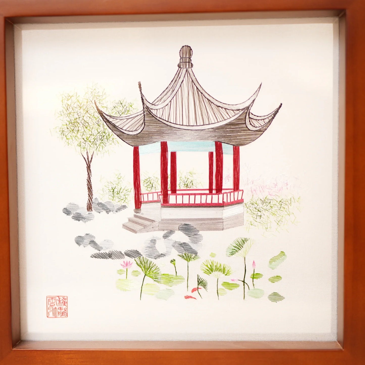 Lotus Pavilion Garden Scene Suzhou Embroidery Ornament