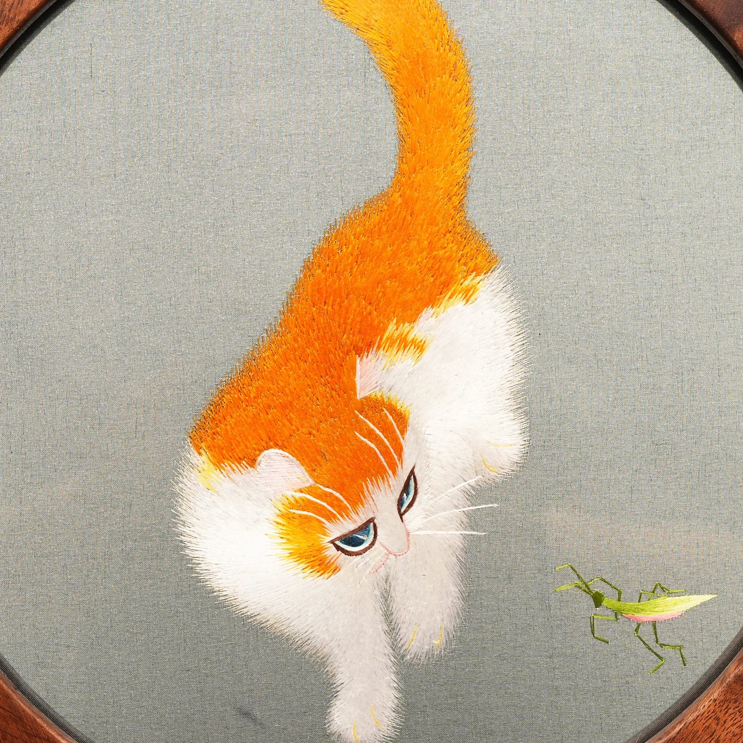 Cat Two-Tone Feline Art on Hardwood Stand Suzhou Embroidery