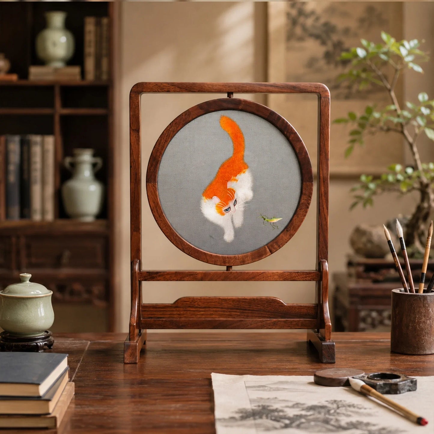 Cat Two-Tone Feline Art on Hardwood Stand Suzhou Embroidery