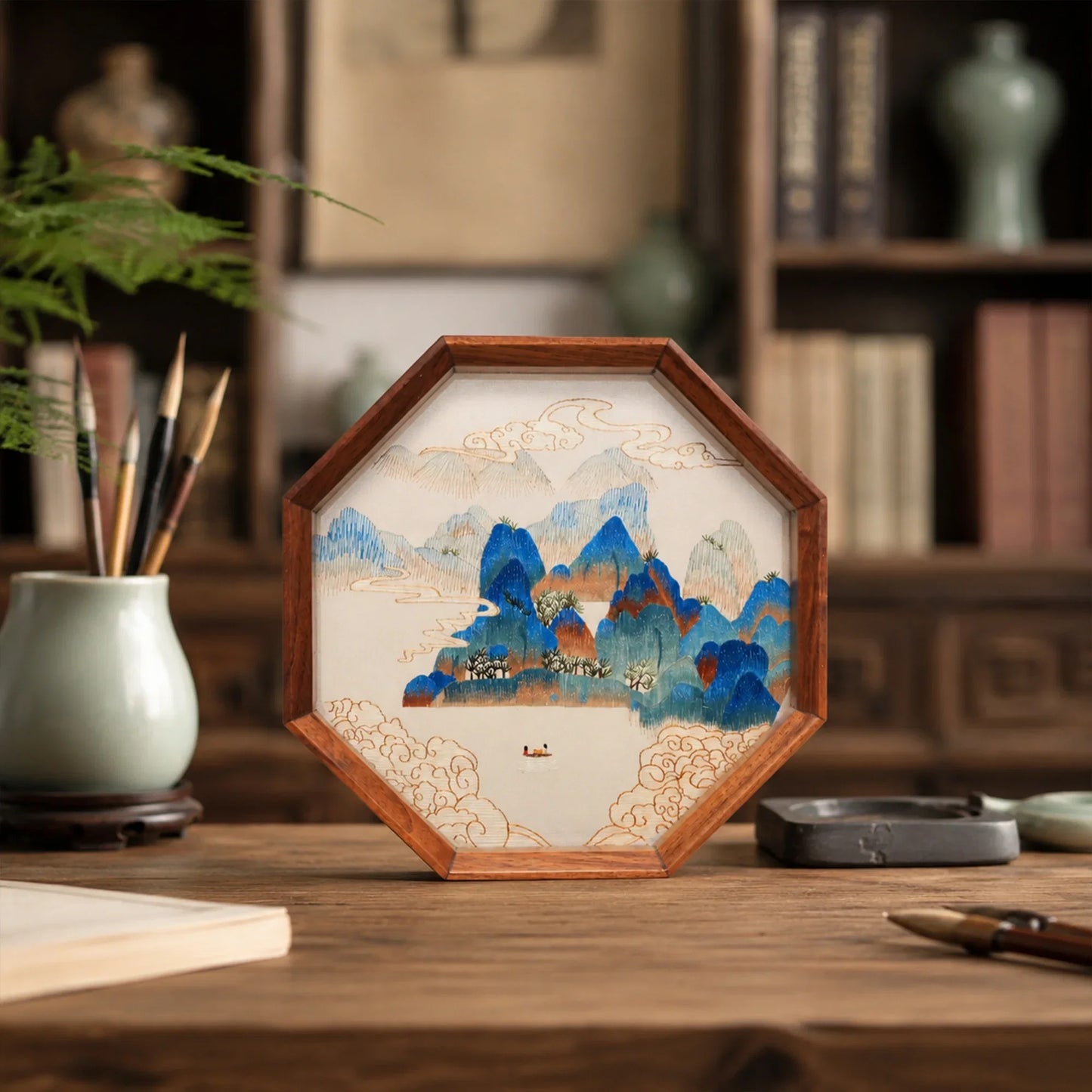 Blue Green Landscape Octagonal Frame Suzhou Embroidery