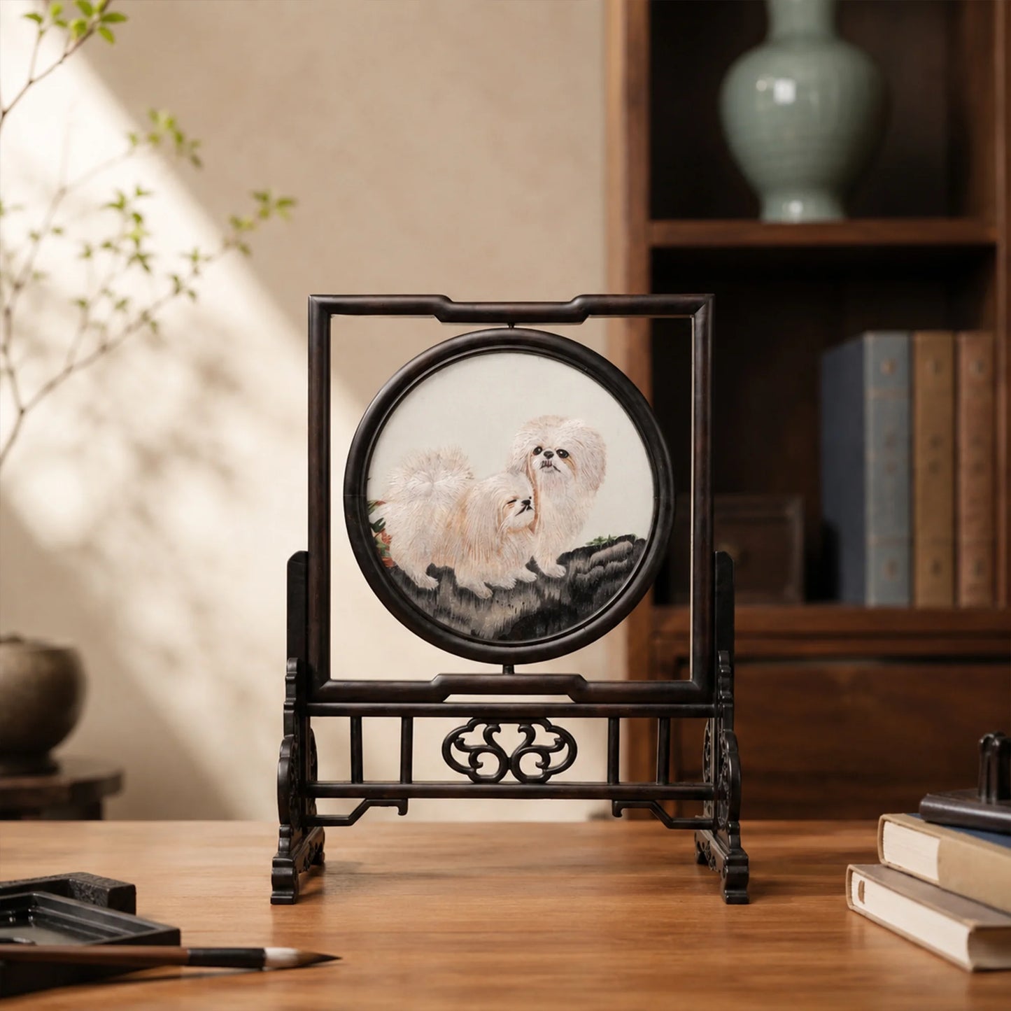 Pekingese Dogs Rectangular Screen Suzhou Embroidery Ornament
