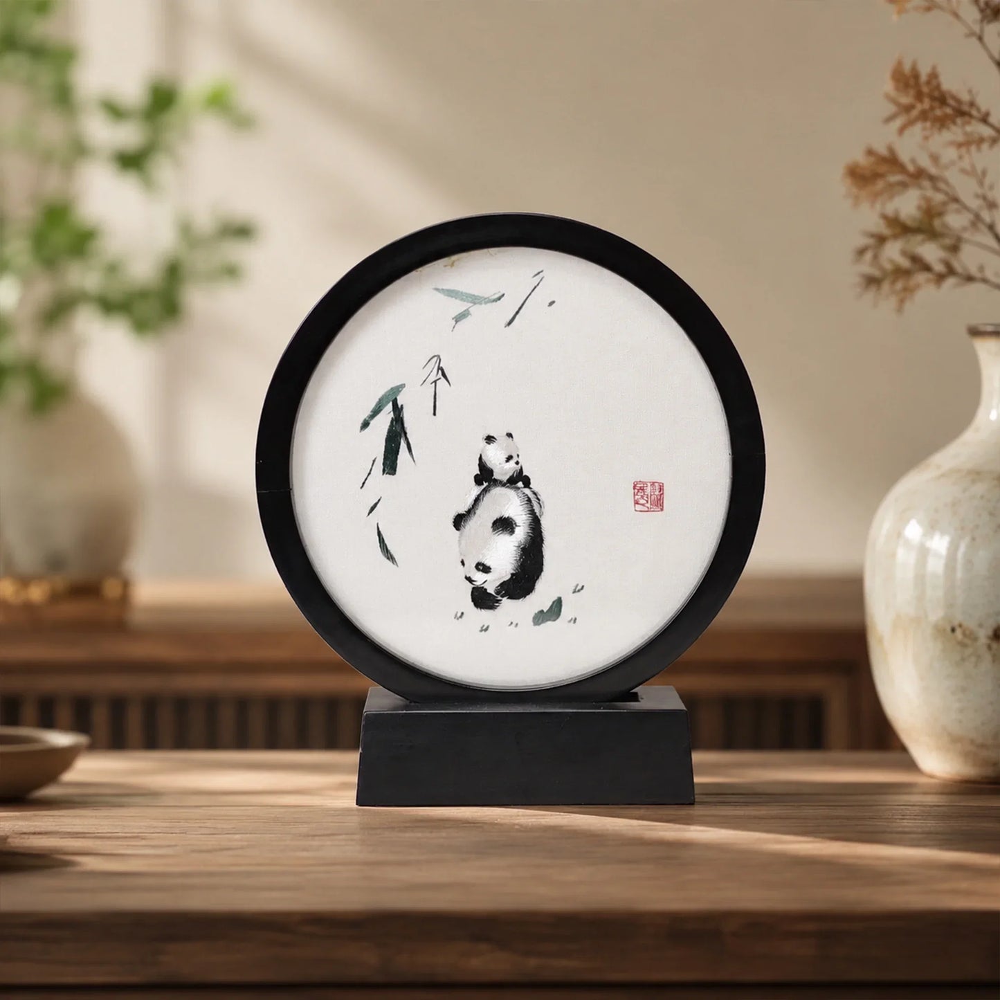 Museum-Quality Panda & Cub Suzhou Embroidery Ornament