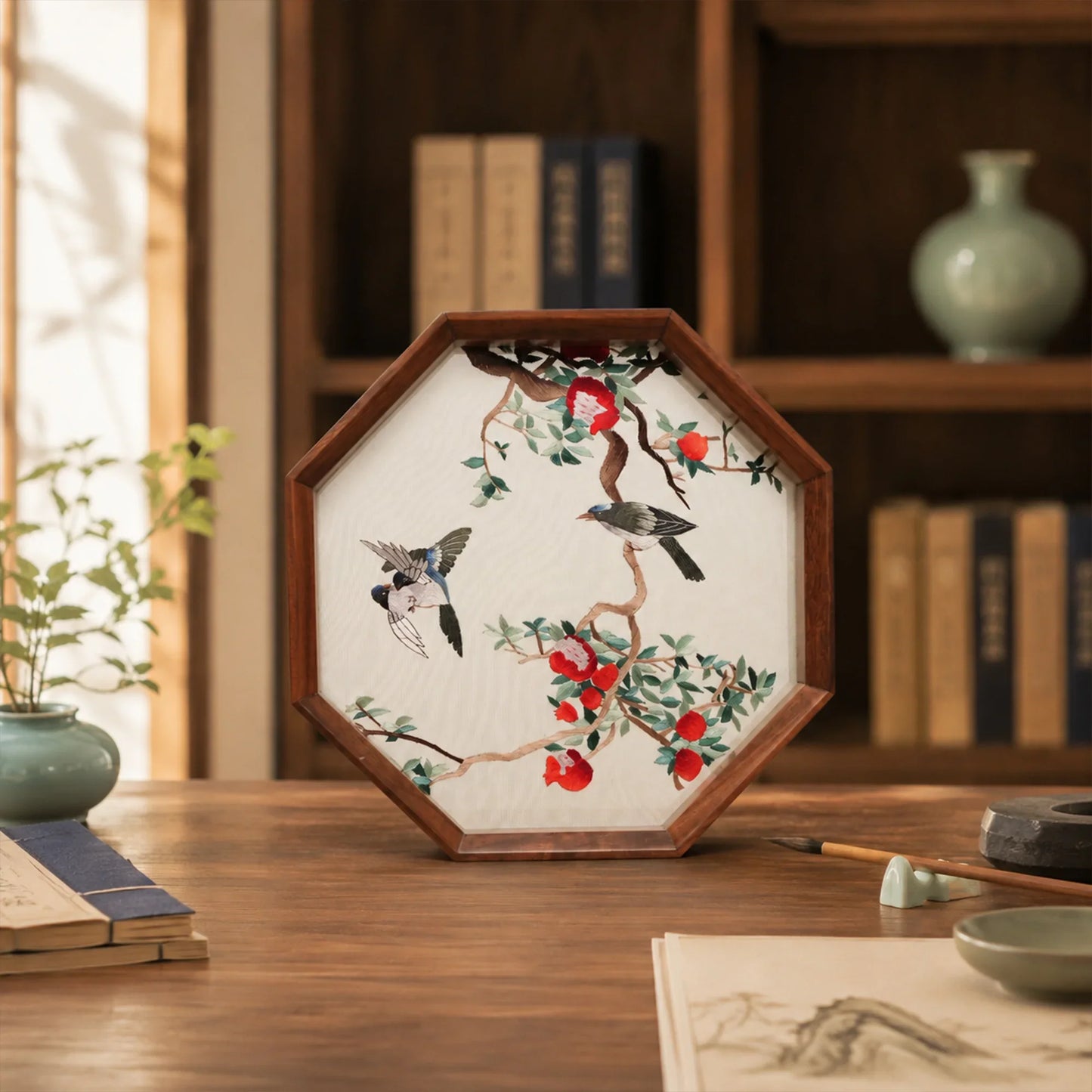 Birds and Pomegranate Octagonal Frame Suzhou Embroidery