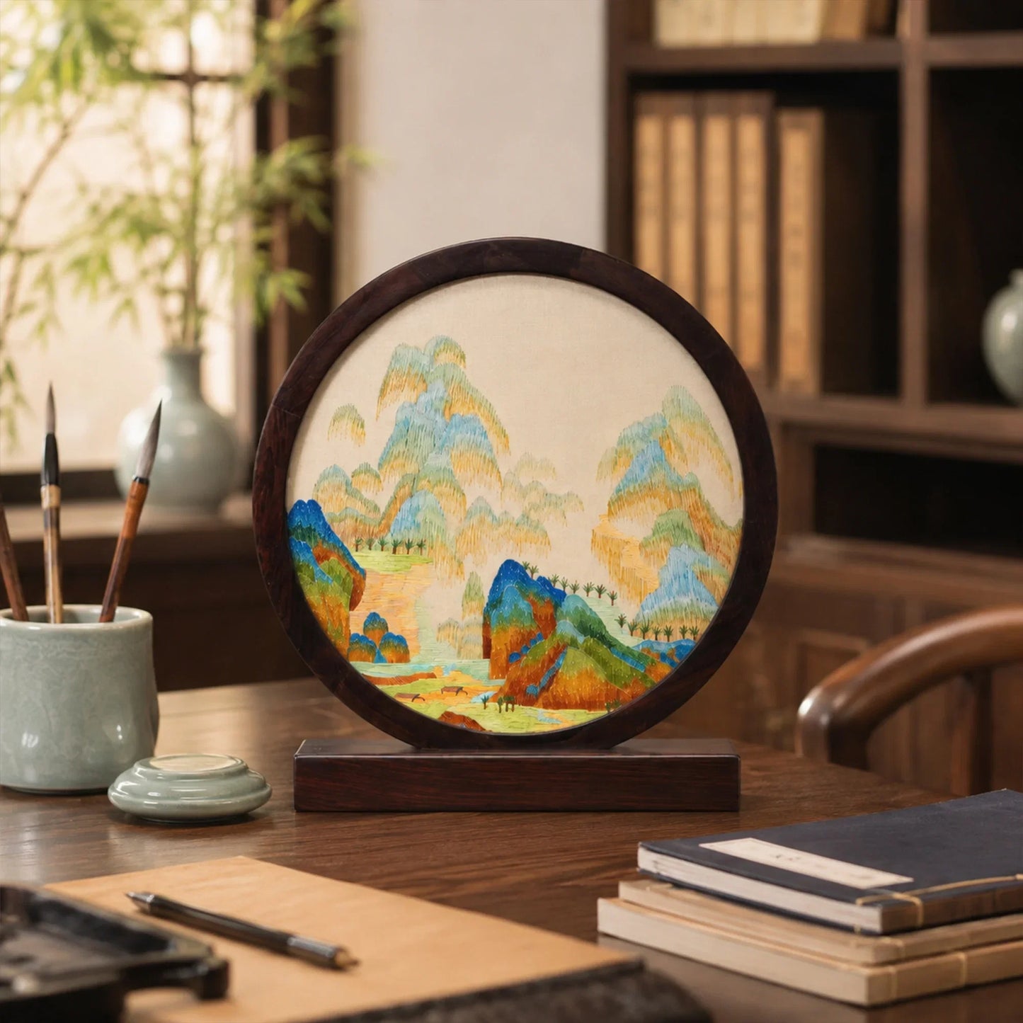 Blue Green Landscape Round Frame Suzhou Embroidery Ornament