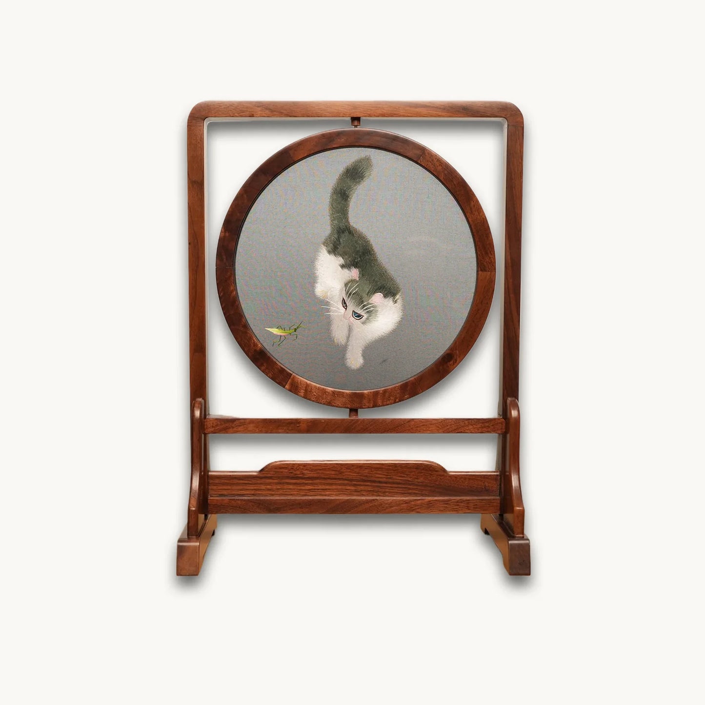 Cat Two-Tone Feline Art on Hardwood Stand Suzhou Embroidery