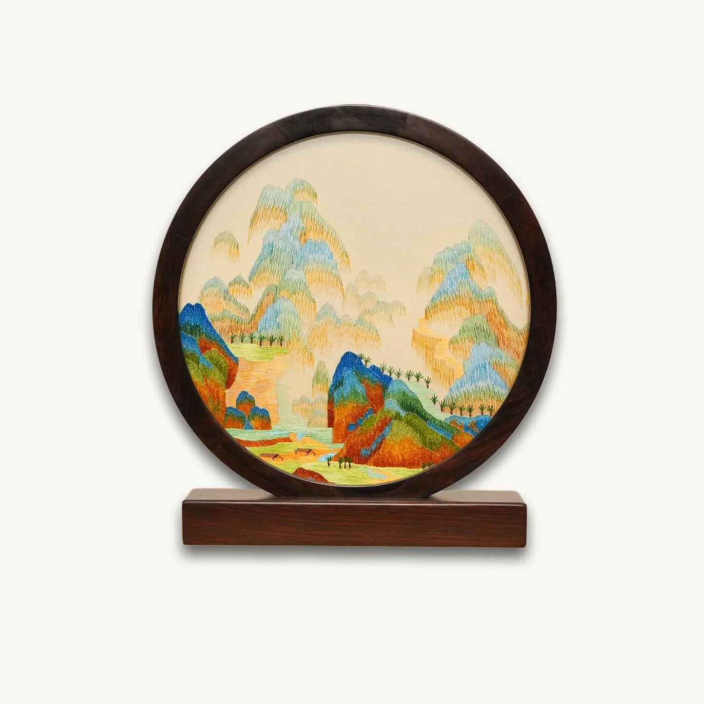 Blue Green Landscape Round Frame Suzhou Embroidery Ornament