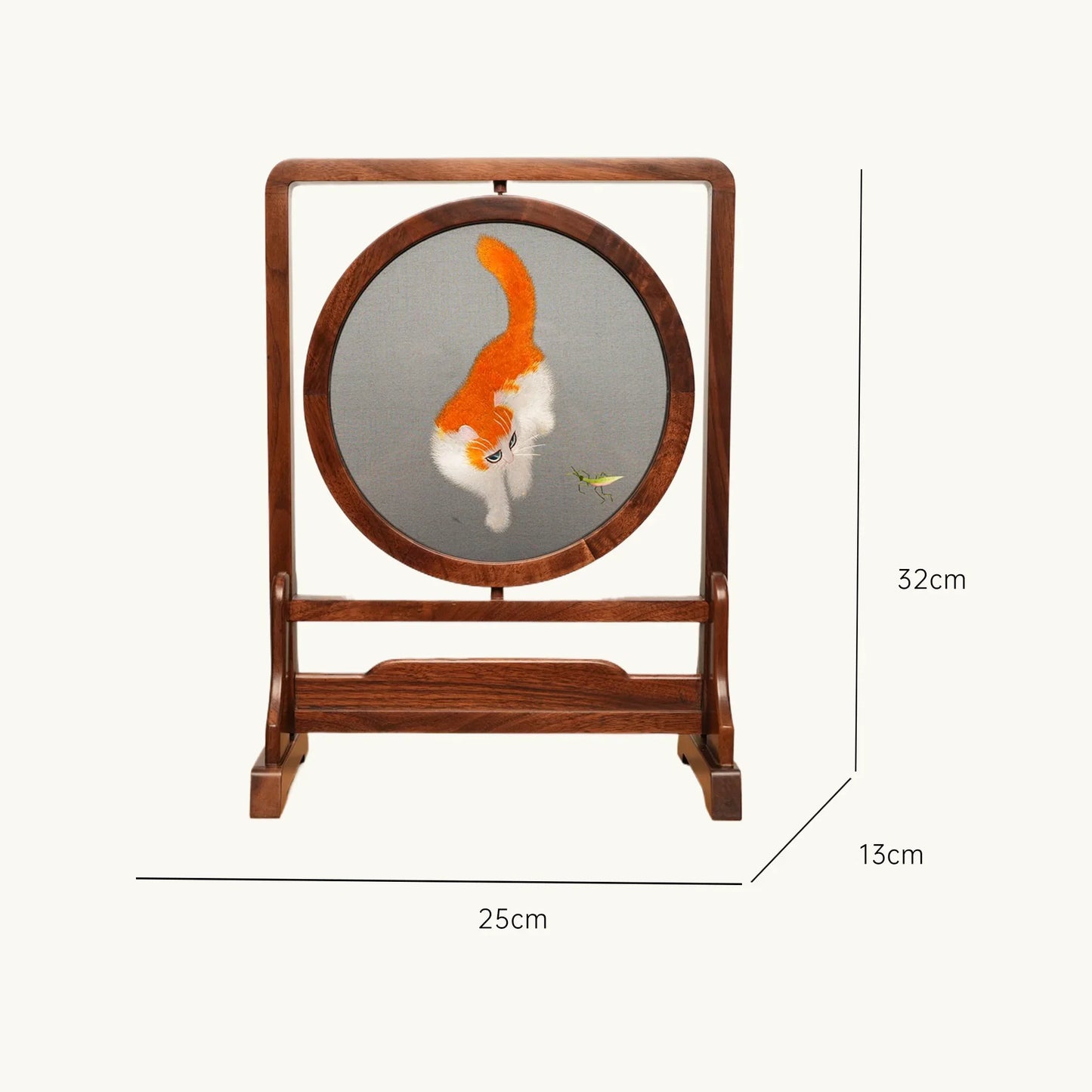 Cat Two-Tone Feline Art on Hardwood Stand Suzhou Embroidery