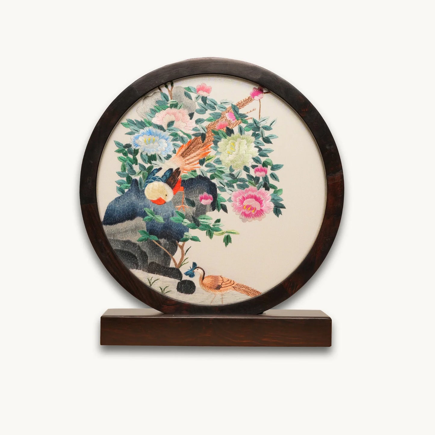 Pheasant and Peony Round Frame Suzhou Embroidery Ornament