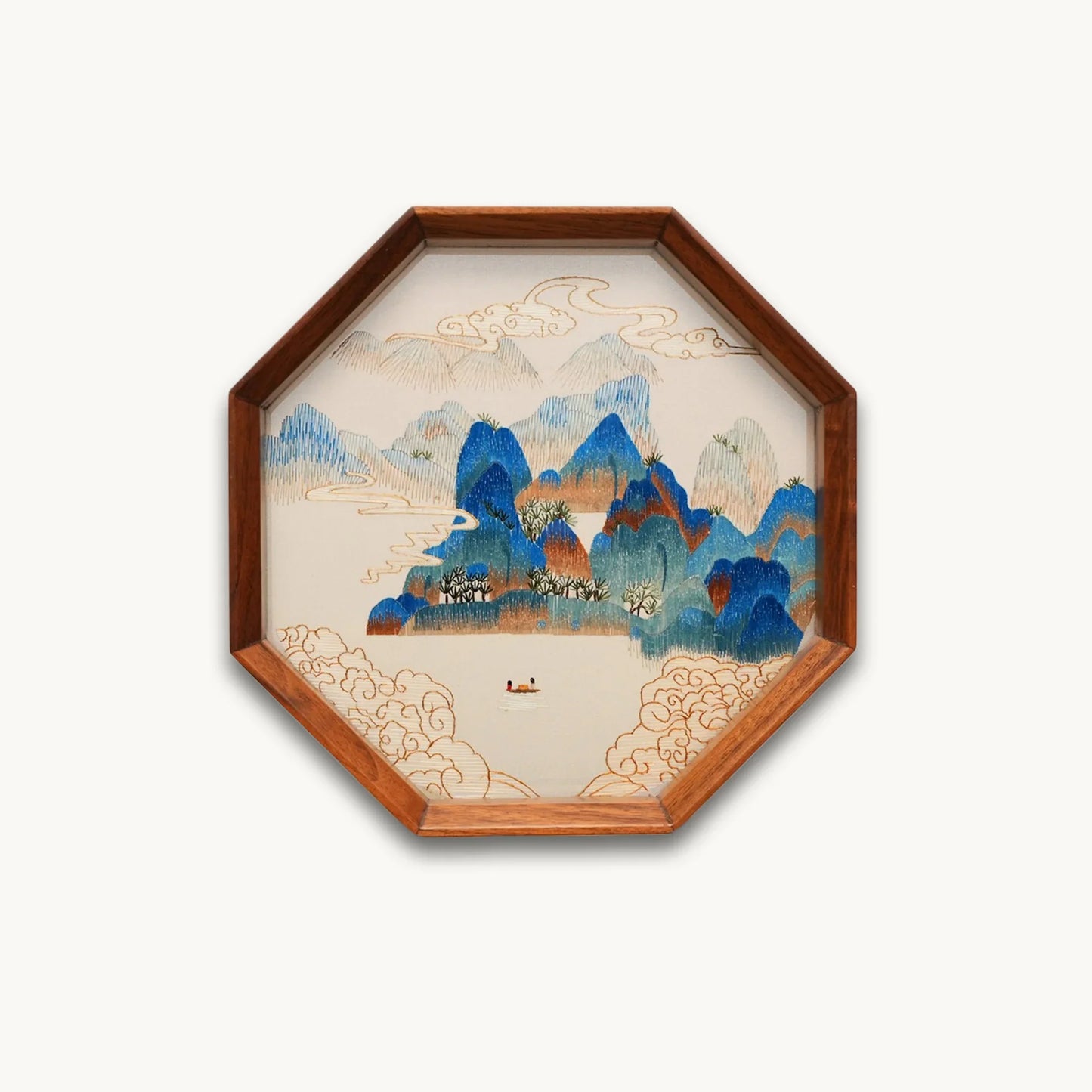 Blue Green Landscape Octagonal Frame Suzhou Embroidery