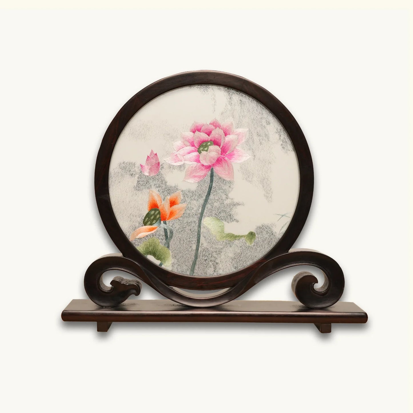 Lotus Blossom Round Frame Suzhou Embroidery Ornament