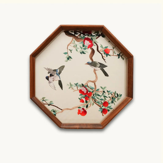 Birds and Pomegranate Octagonal Frame Suzhou Embroidery