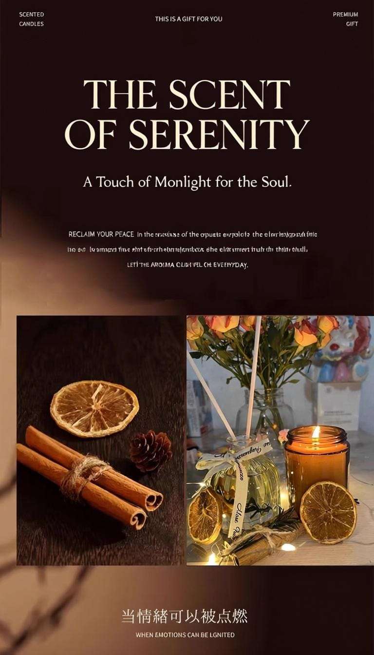 Advertisement for candles with text 'The Scent of Serenity' and images of candles and decorative elements.