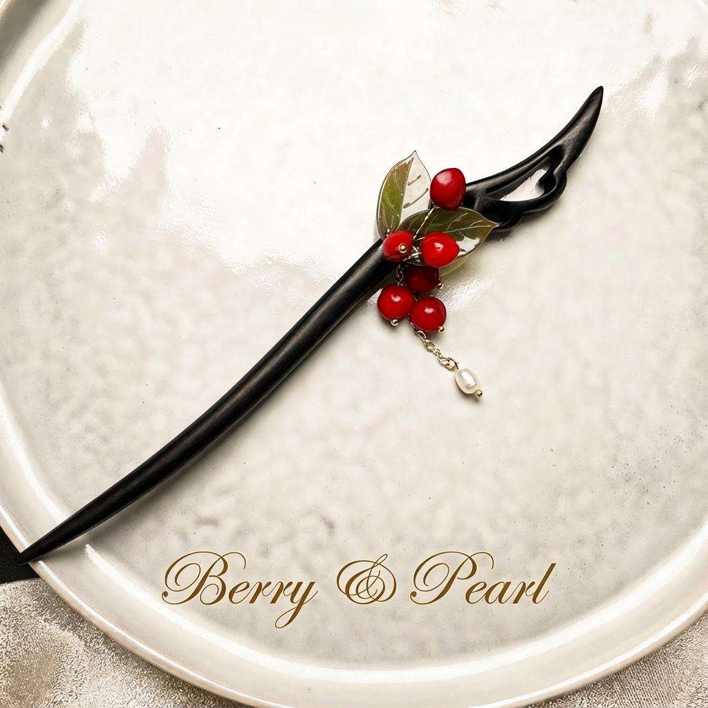Wooden Hair Stick with Red Berries &amp; Pearl - Handmade Bun Holder - Traditional Hair Pin