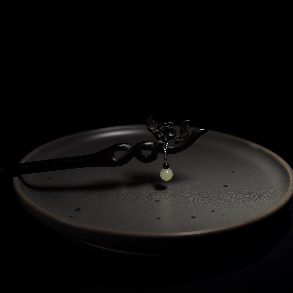 Black hairpin with a green bead on a dark plate against a black background