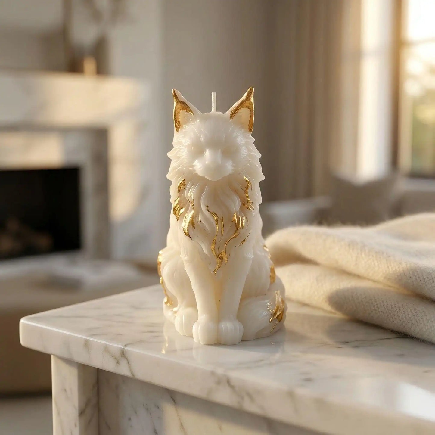 White and gold dog-shaped candle on a marble surface with a blurred indoor background