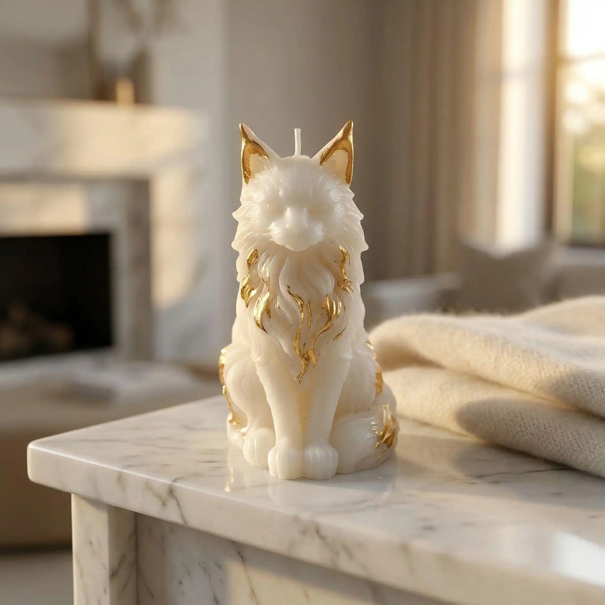 White and gold dog-shaped candle on a marble surface with a blurred indoor background
