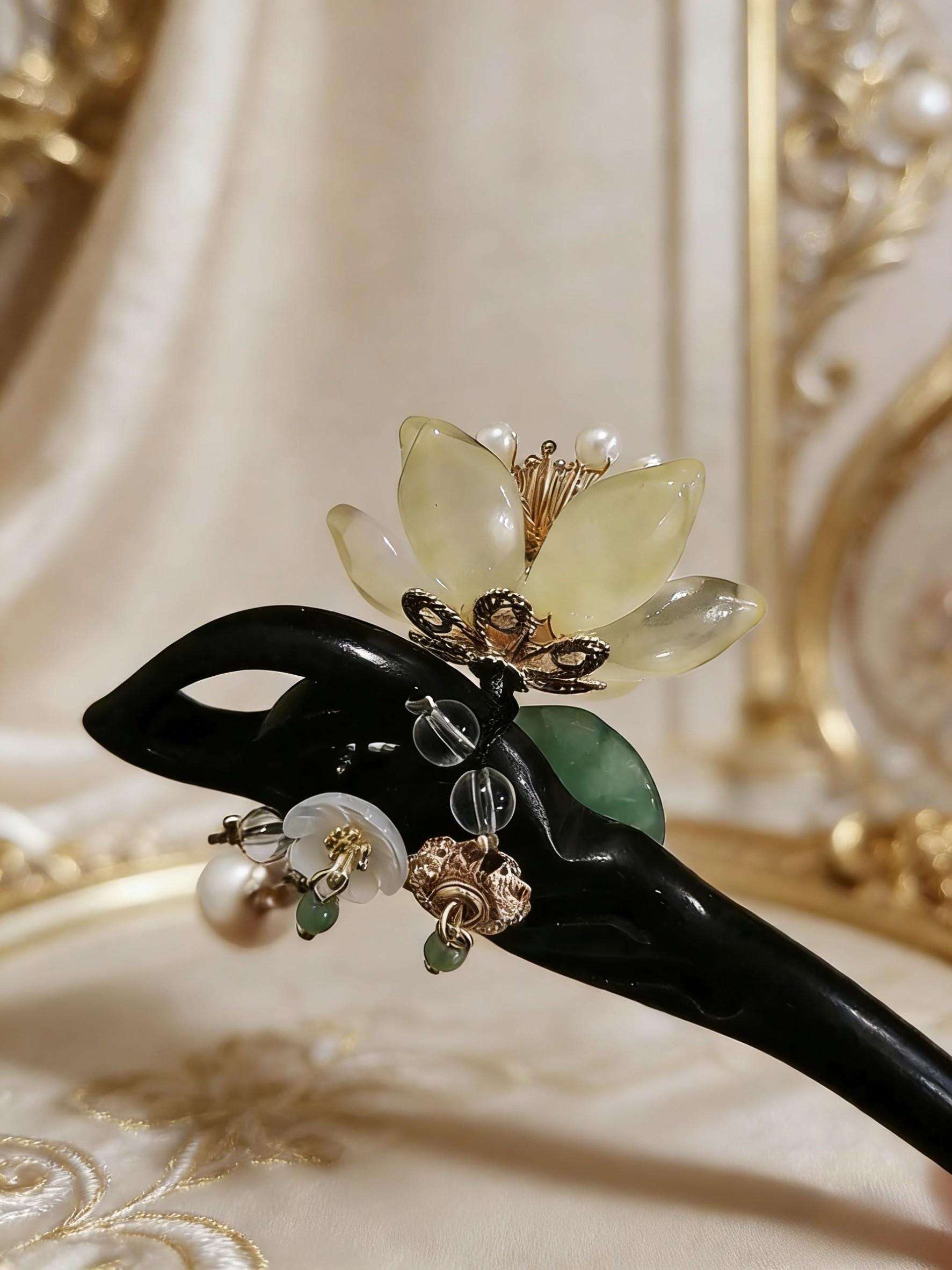 Jade Lotus Hair Stick | Gold Wedding Hair Pin with Pearl Tassel | Bridesmaid Gift