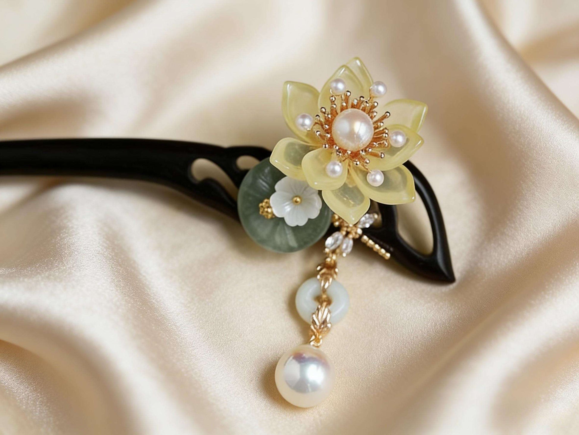 Jade Lotus Hair Stick | Gold Wedding Hair Pin with Pearl Tassel | Bridesmaid Gift