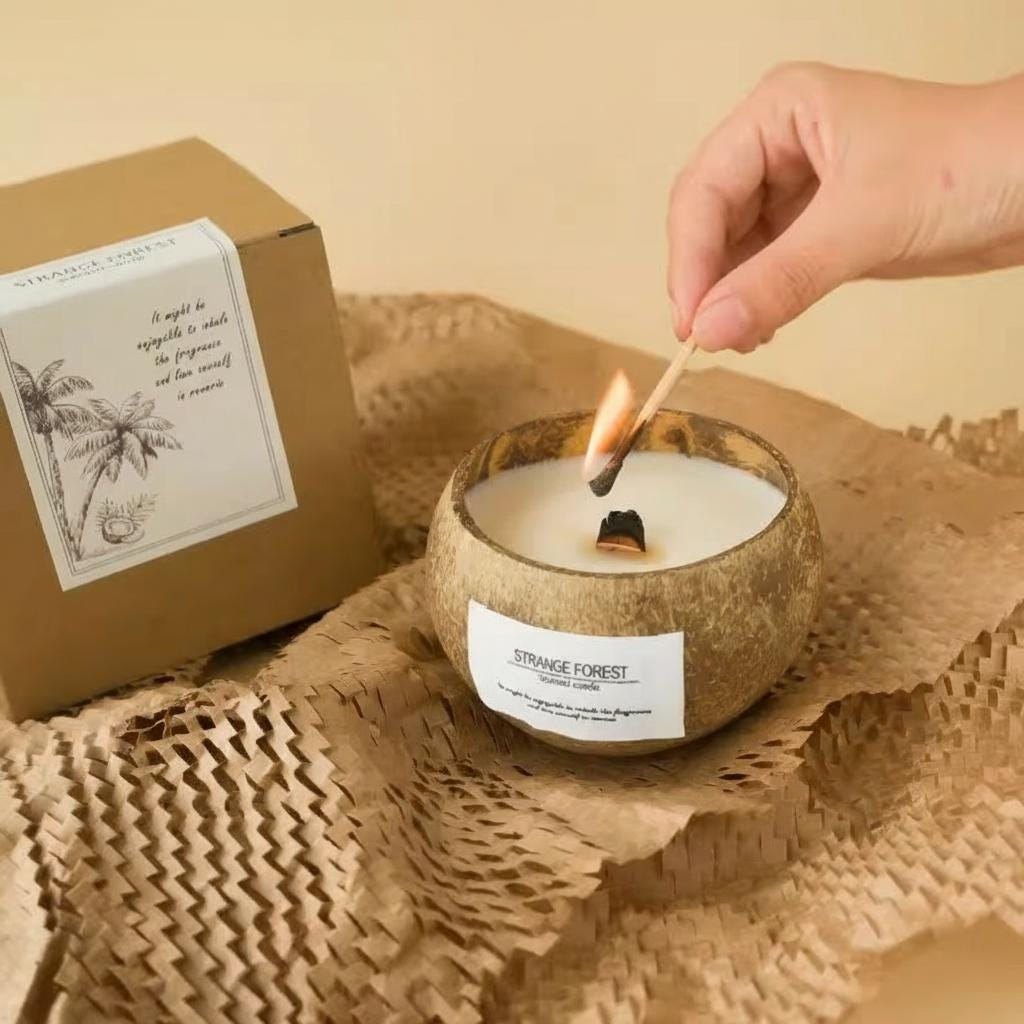 Candle being lit with a match, next to a cardboard box labeled 'Strange Forest'.