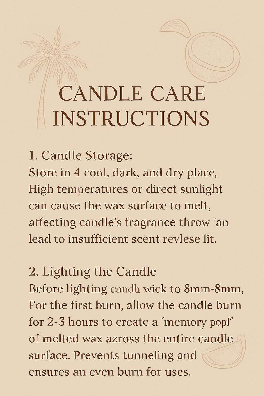 Candle care instructions on a beige background with decorative elements.